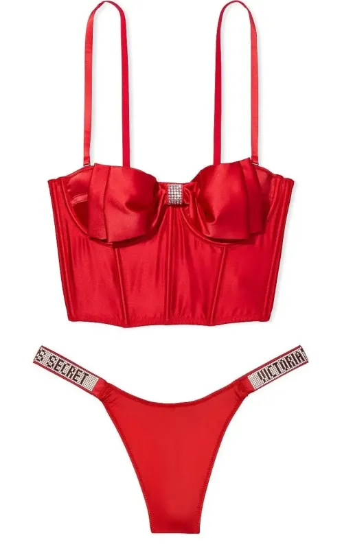 Комплект Бюстьє без наповнення Bow Bra & Трусики тонг Logo Shine Strap Victoria's Secret